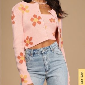 Lulus 2 piece Sweetest Blooms Pink Floral Print Knit Tank Top and Cardigan Set